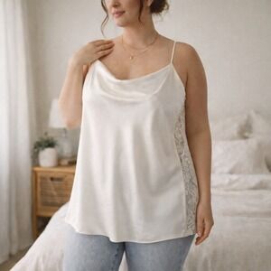 Rya Collection White Satin Cowl‎ Neck Lace Cami Tunic Top 1X Bridal Lingerie
